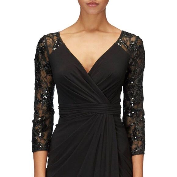 ADRIANNA PAPELL - Lace, Sequin Long Sleeve Pleated Gown - , SZ 2 (US), Black - Picture 3 of 12